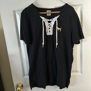 Victoria’s Secret Pink Black Short-Sleeved T-Shirt with large vinyl logos
